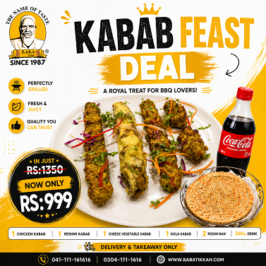 Kabab Feast Deal (1 Chk Kabab, 1 Reshmi Kabab, 1 Cheese Vegeteble Kabab, 1 Gola Kabab, 2 Nan, 500ml Drink)
